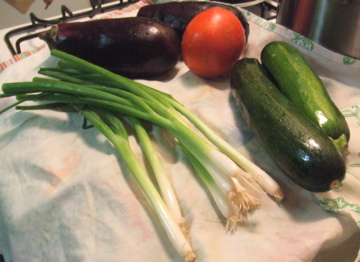 scallions, eggplant, tomato, zucchini